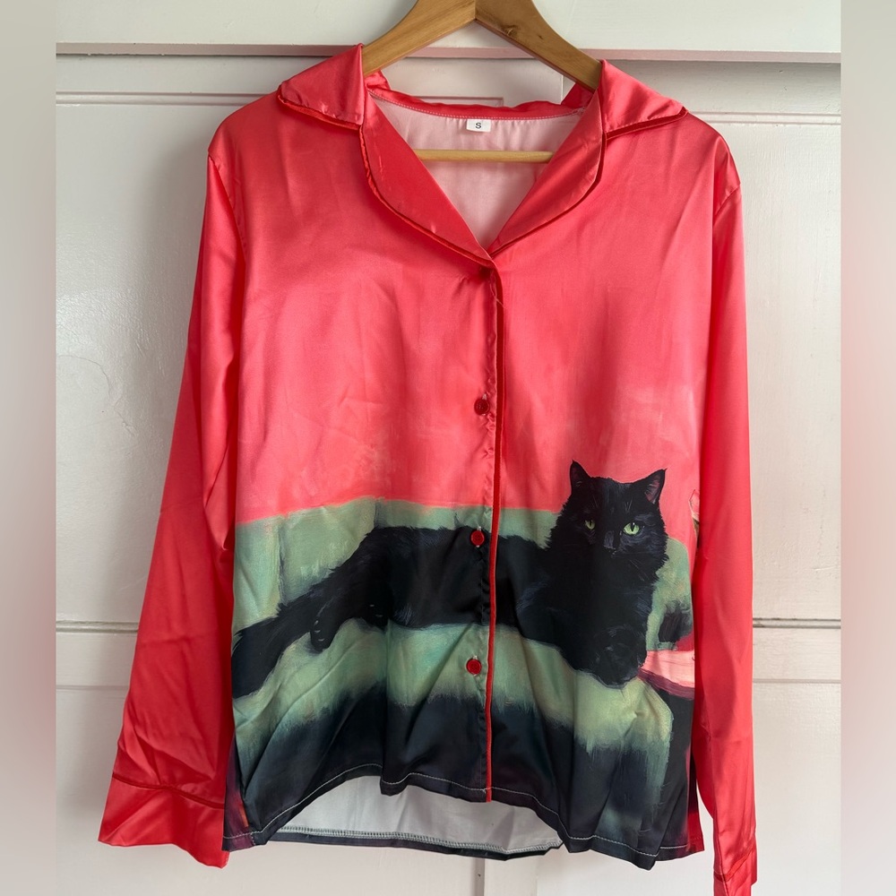 Pink Satin Cat Print Blouse